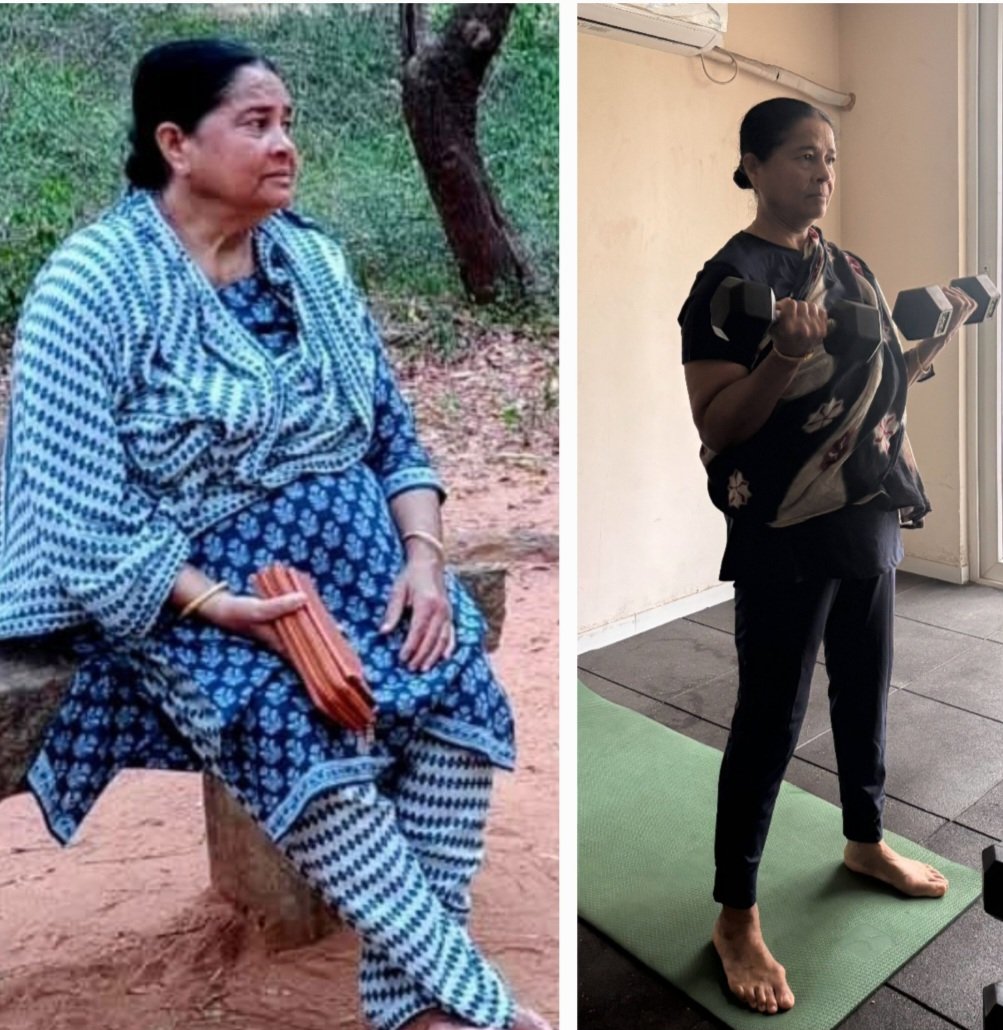 A Take Charge client before and now — sitting outdoors, then standing strength training with dumbbells