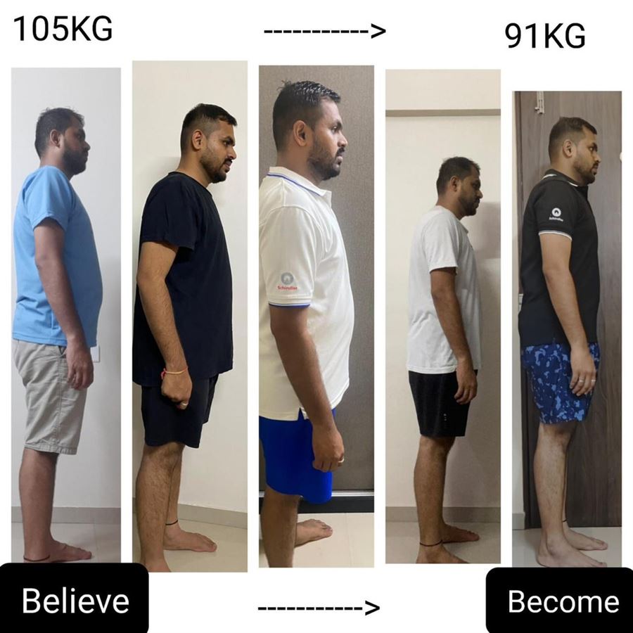 Nilesh — before and after, 105 kg to 91 kg